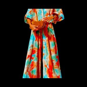 Multicolor Bohemian Tie Dye Pleated Shirt Loose Jumpsuit